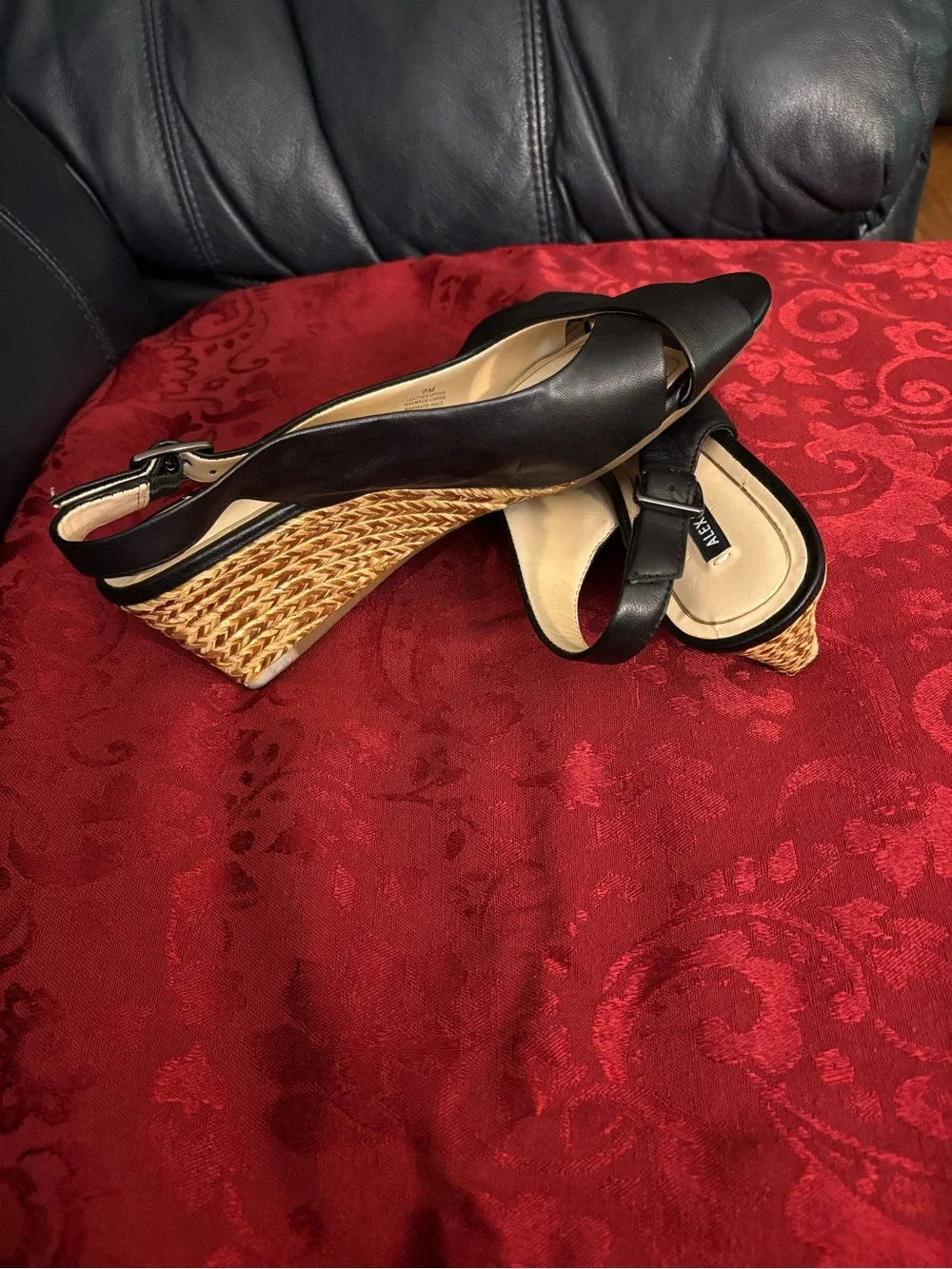 Alex Marie Black Leather Crisscross Slingback Wedges